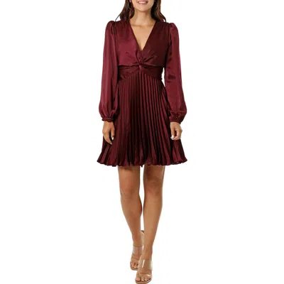 Adelyn Rae Pleated Long Sleeve Minidress In Burgundy
