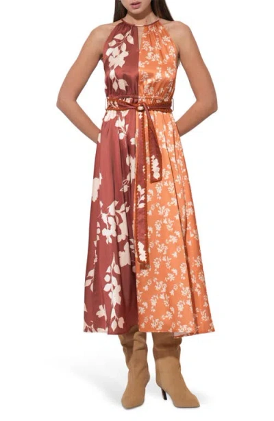 Adelyn Rae Sandi Two-tone Mixed Floral Print Satin Dress In Brown