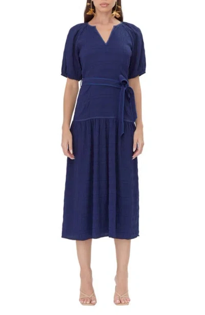 Adelyn Rae Smocked Belted Midi Dress In Navy