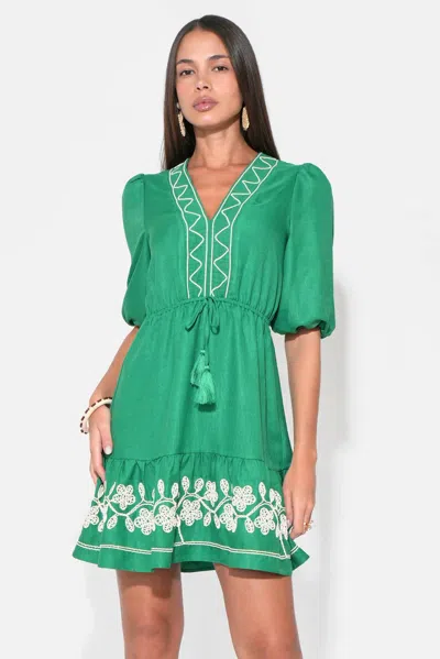 Adelyn Rae Taylor Embroidery Ruffle Hem Mini Dress In Green/natural