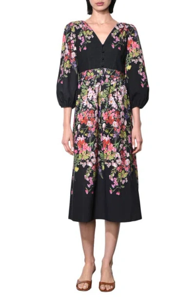 Adelyn Rae Tessa Floral Print Balloon Sleeve Midi Dress In Black