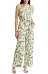 Adelyn Rae Tropical Print Halter Jumpsuit In Ivory/green
