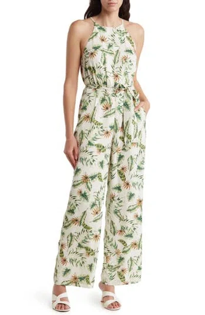 Adelyn Rae Tropical Print Halter Jumpsuit In Ivory/green