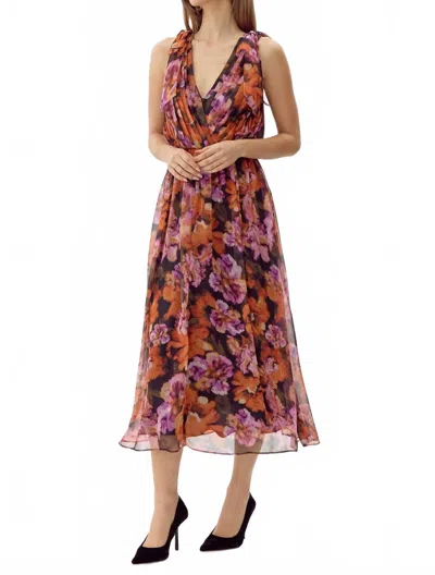 Adelyn Rae Vianka Tie Shoulder Midi Dress In Black/orange/ Violet