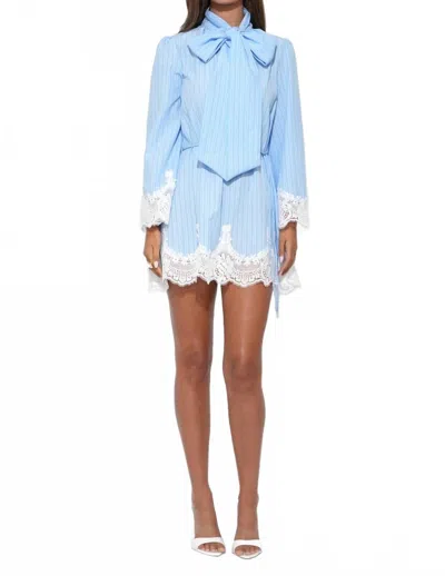 Adelyn Rae Victoria Neck Tie Lace Trim Stripe Dress In Light Blue