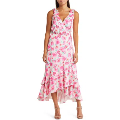 Adelyn Rae Willow Floral Ruffle Handkerchief Hem Wrap Dress In Pink