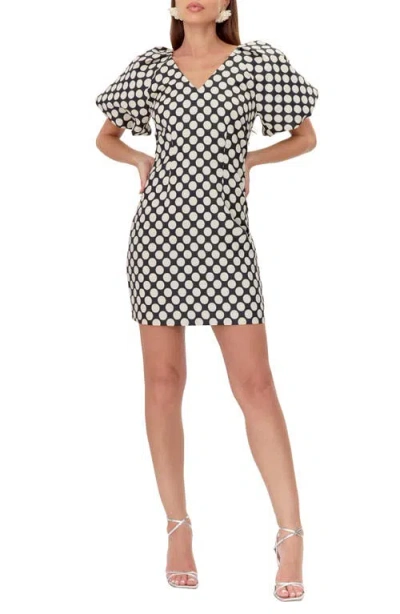 Adelyn Rae Willow Puff Sleeve Dot Jacquard Sheath Dress In Black