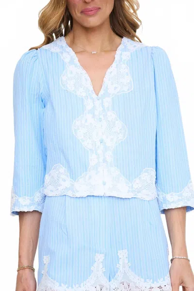Adelyn Rae Zoey Button Up Lace Trim Top In Blue In Multi