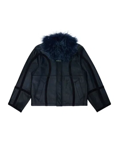 Ader Error Detachable Fur Collar Leather Jacket In Blue