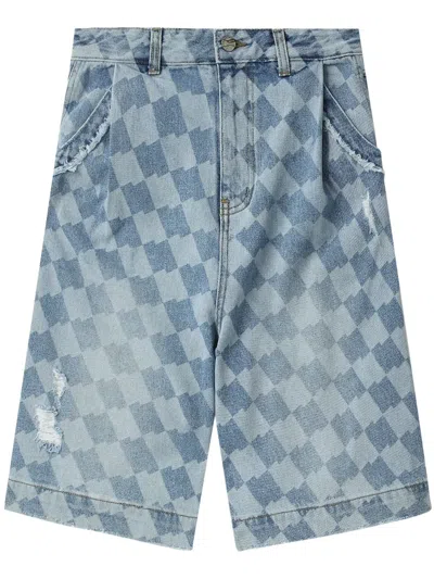 Ader Error Distressed Checkerboard-print Shorts In Blue