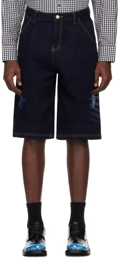 Ader Error Navy Distressed Shorts In Blue