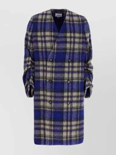 Ader Error Wool Blend Coat Embroidered Plaid In Blue