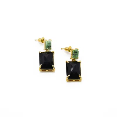 Adiba Women's Black / Gold / Green Jet Black Gemstone Handmade Drop Earring