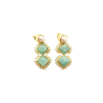Adiba Women's Blue / Neutrals / Gold Pink Moonstone & Amazonite Gemstone Handmade Drop Earring In Green