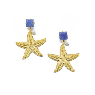 Adiba Women's Gold / Blue Lapis Lazuli Starfish Handmade Drop Earring In Multi