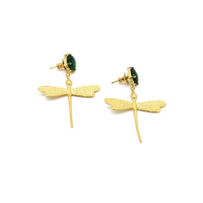 Adiba Women's Gold / Green Chrome Green Quartz Dragonfly Handmade Drop Earring