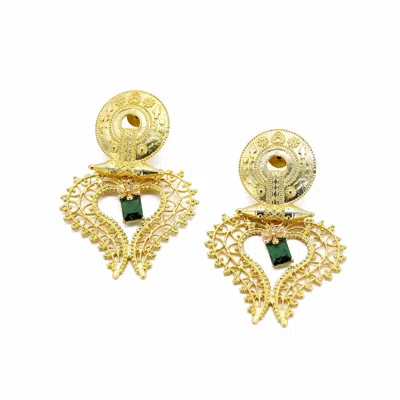 Adiba Women's Gold / Green Emerald Heart Handmade Drop Earring