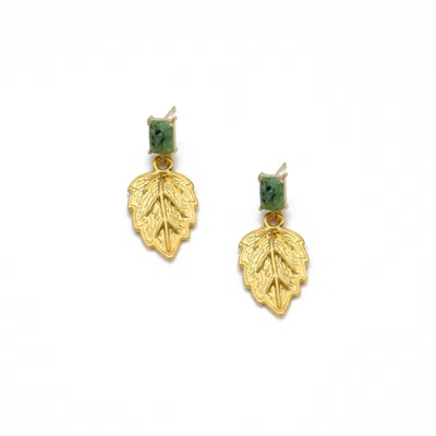 Adiba Women's Gold / Green Jade Leaves Handmade Drop Earring In Multi