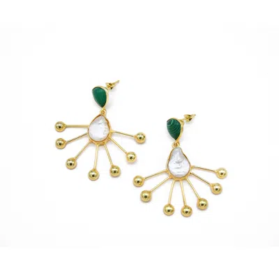 Adiba Women's Gold / Green Malachite & Baroque Pearl Handmade Drop Earring