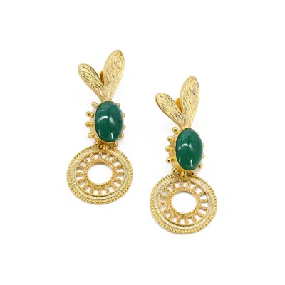 Adiba Women's Gold / Green Natural Green Onyx Gemstone Leaves Handmade Drop Earring In Multi
