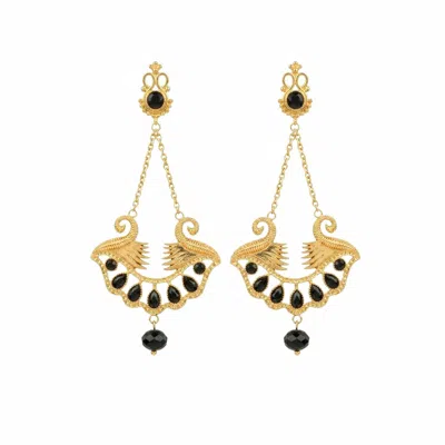 Adiba Women's Gold Pharaoh Lotus Royale Onyx Earrings - Pre Order
