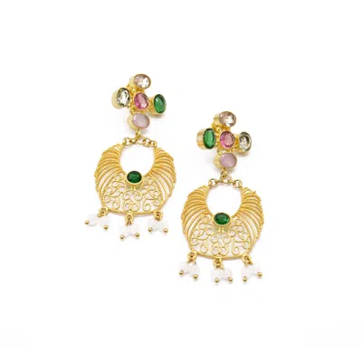 Adiba Women's Gold Pink Chalcedony, Rose & Green Quartz Handmade Drop Earring