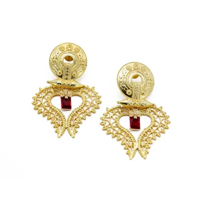Adiba Women's Gold / Red Ruby Heart Handmade Drop Earring