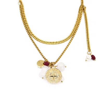 Adiba Women's Gold Rose Quartz Compass Handmade Necklace