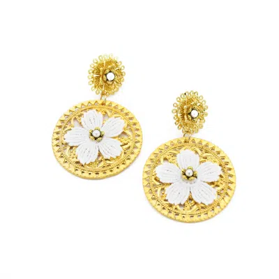 Adiba Women's Gold / White Camellia Flower Handmade Drop Earring