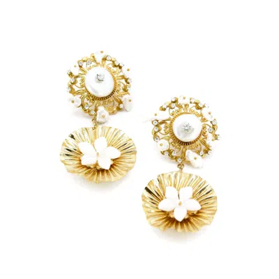 Adiba Women's Gold / White Gardenia Handmade Drop Earring