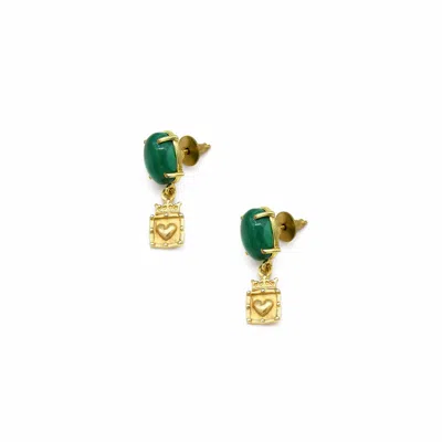 Adiba Women's Green / Gold Crown Framed Heart Malachite Handmade Drop Earring