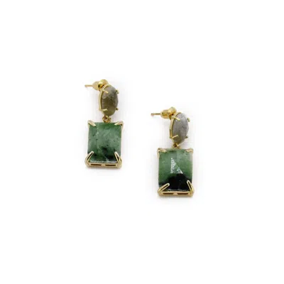 Adiba Women's Green / Grey / Gold Labradorite & Jade Agate Handmade Drop Earring
