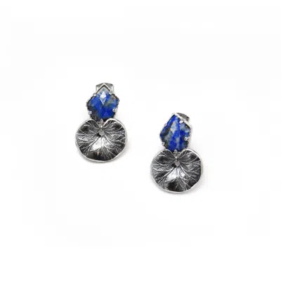 Adiba Women's Silver Rhodium Lapis Lazuli Gemstone Lotus Handmade Earring In Blue