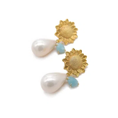 Adiba Women's White / Gold / Blue Amazonite & Shell Pearl Sunflower Handmade Drop Earring