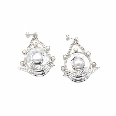 Adiba Women's White / Silver Silver Robin Pearls Earrings In Multi