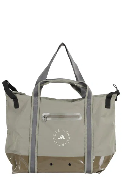 Adidas By Stella Mccartney Glossy Finish Tote With Logo And Zip Closure In Gray