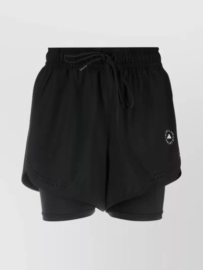 Adidas By Stella Mccartney Layered High-waisted Shorts Perforated Detailing In Black