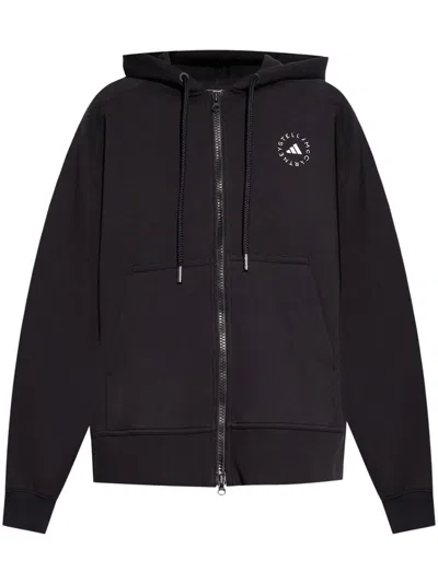 Adidas By Stella Mccartney Logo Print Zip-up Hooded Jacket In Black