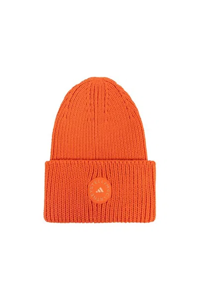 Adidas By Stella Mccartney Rubberised-logo Beanie In Orange