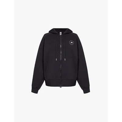Adidas By Stella Mccartney Womens Black Logo-print Zip-front Organic-cotton And Recycled-polyester Blend Jersey Hoody