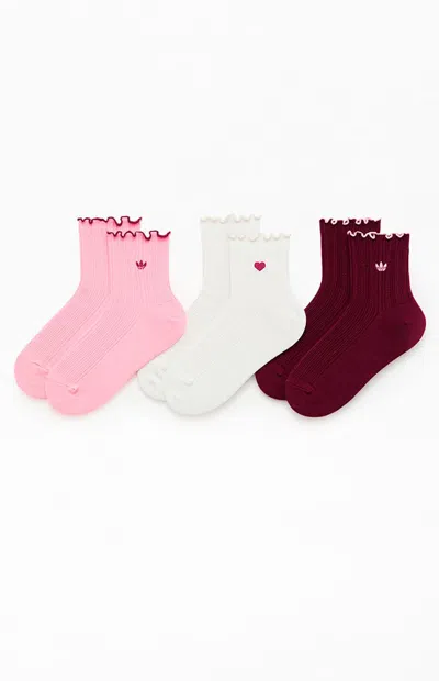 Adidas Originals 3 Pack Valentine's Ruffled Quarter Socks In Pink In Multi
