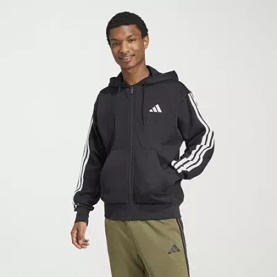 Adidas Originals 3 Stripe Full Zip Mens Hooded Long Sleeve Sweatshirt In Black