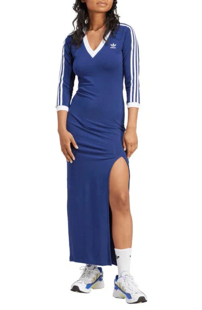 Adidas Originals 3-stripes Long Sleeve Maxi Dress In Dark Blue