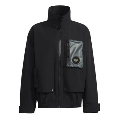 Adidas Originals 3d Pocket Logo Outdoor Cardigan Woven Stand Collar Jacket Black