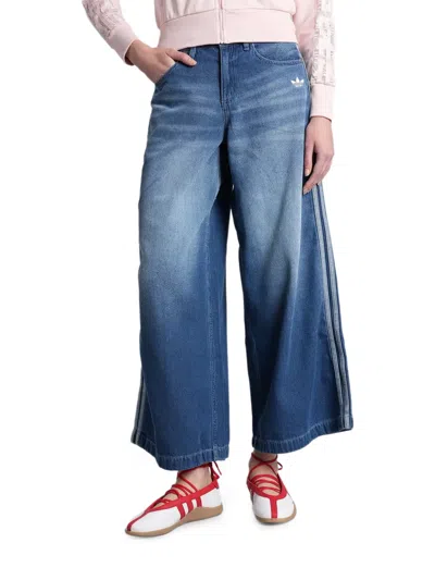 Adidas Originals 3-stripe Wide-leg Jeans In Blue