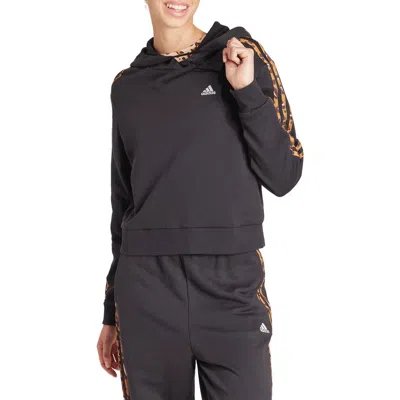 Adidas Originals Adidas 3-stripes Leopard Print Crop Pullover Hoodie In Black/magic Beige