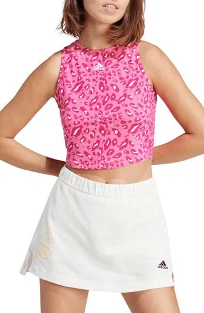 Adidas Originals Adidas Essentials Animal Print Crop Tank In White/magenta/pink