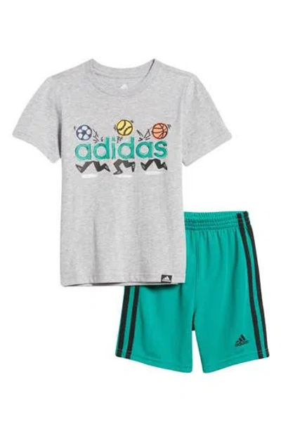 Adidas Originals Adidas Kids' Graphic Logo Graphic T-shirt & Shorts Set In Grey W/green