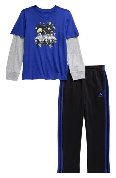 Adidas Originals Kids' Little And Toddler Boys Graphic Layered Cotton Tee And Pant, 2-piece Set In Semi Lucid Blue
