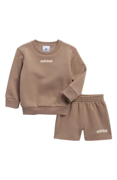 Adidas Originals Babies' Adidas Logo Fleece Crewneck Sweatshirt & Shorts Set In Brown